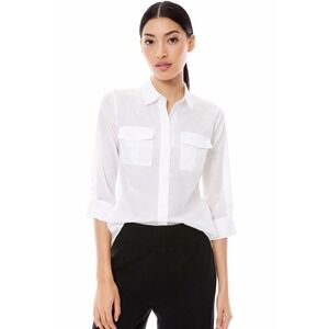 Alice + Olivia ELLIS Utility Pocket Front Shirt 100% Cotton Roll Tab Sleeve M
